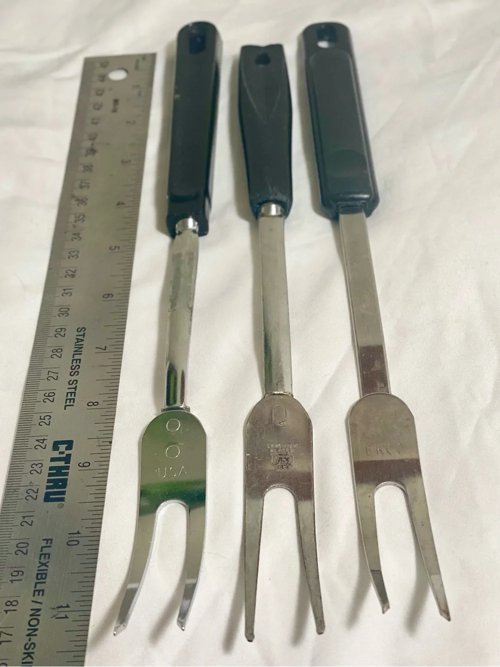 VTG Lot of 3 Various EKCO BBQ Fork Stainless Steel 2-Prong Meat Forks Black USA